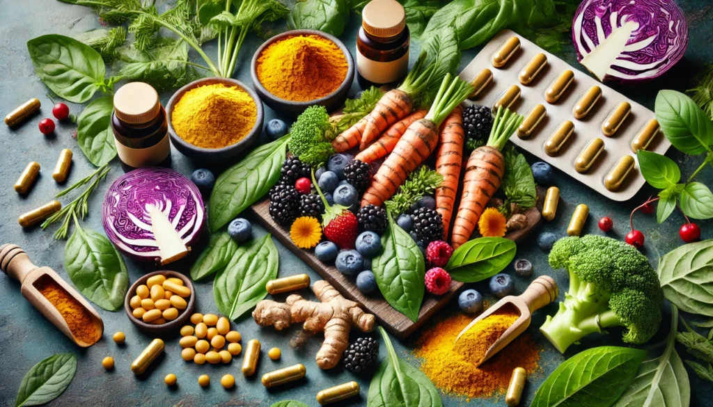 Supplement Reviews: Uncovering the Most Bioavailable Nutrients for Optimal Health 2 A colorful arrangement of plant-based bioavailable supplements, including fresh turmeric roots, leafy greens, and berries, alongside natural capsules and powders. The image emphasizes nutrient-rich, highly absorbable supplements derived from whole foods.