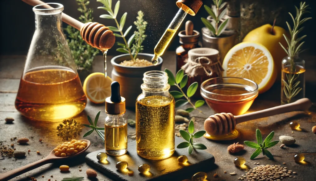 Supplement Reviews: Uncovering the Most Bioavailable Nutrients for Optimal Health 3 A visually captivating composition of liquid supplement droppers releasing golden droplets into a glass, surrounded by natural ingredients like honey, lemon, and herbal extracts. The image highlights the purity and high absorption efficiency of liquid bioavailable nutrients
