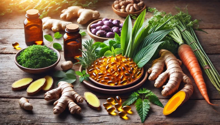 A vibrant still life of natural supplements for rheumatoid arthritis, featuring turmeric root, fish oil capsules, ginger, and leafy greens on a rustic wooden table with soft natural lighting