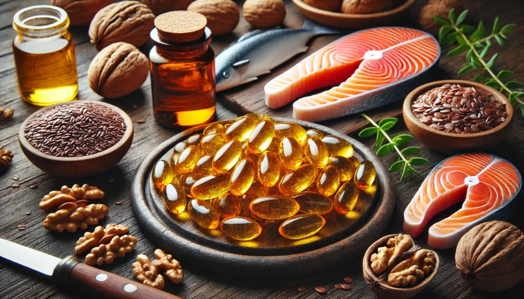 The Best Supplements for Rheumatoid Arthritis: Boosting Joint Health with Bioavailable Nutrients 1 A close-up of omega-3 fish oil capsules glistening under natural light, surrounded by fresh salmon, walnuts, and flaxseeds, symbolizing anti-inflammatory supplements for rheumatoid arthritis