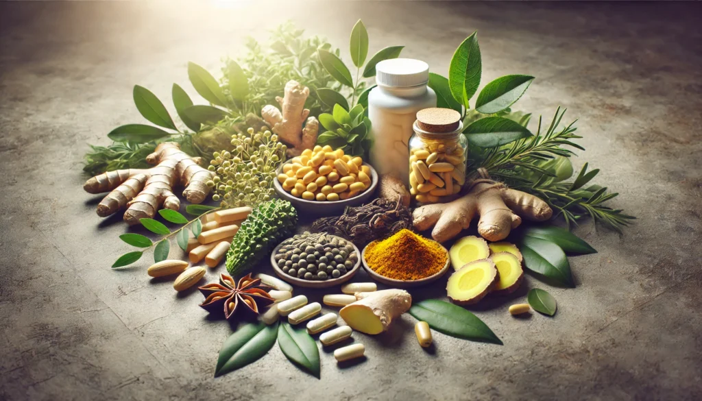 The Best Supplements for Rheumatoid Arthritis: Boosting Joint Health with Bioavailable Nutrients 2 A beautiful arrangement of herbal supplements for rheumatoid arthritis, featuring turmeric, Boswellia, ginger, and green tea leaves, displayed on a natural stone surface with soft diffused lighting