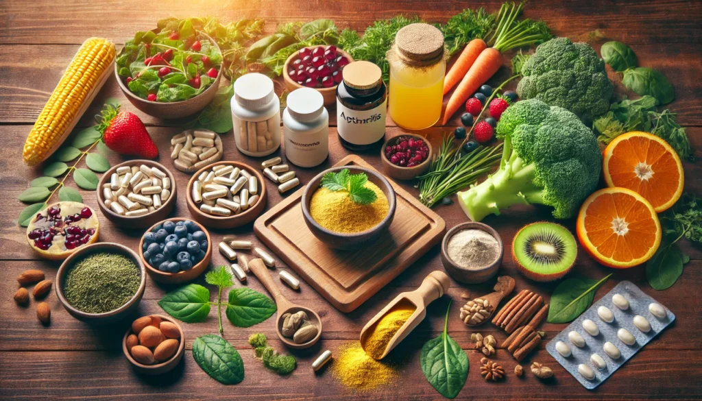 The Best Supplements for Rheumatoid Arthritis: Boosting Joint Health with Bioavailable Nutrients 3 A visually appealing composition of dietary supplements for arthritis, including capsules, powders, and fresh natural ingredients like leafy greens, nuts, and berries, arranged on a wooden background with warm lighting