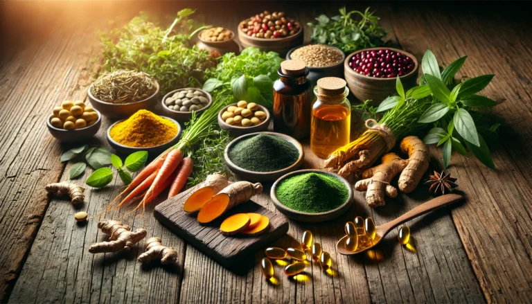 A visually appealing arrangement of natural supplement ingredients, including fresh herbs, turmeric root, ginseng, spirulina powder, and omega-3 fish oil capsules, set on a rustic wooden table with warm, inviting lighting to emphasize purity and quality