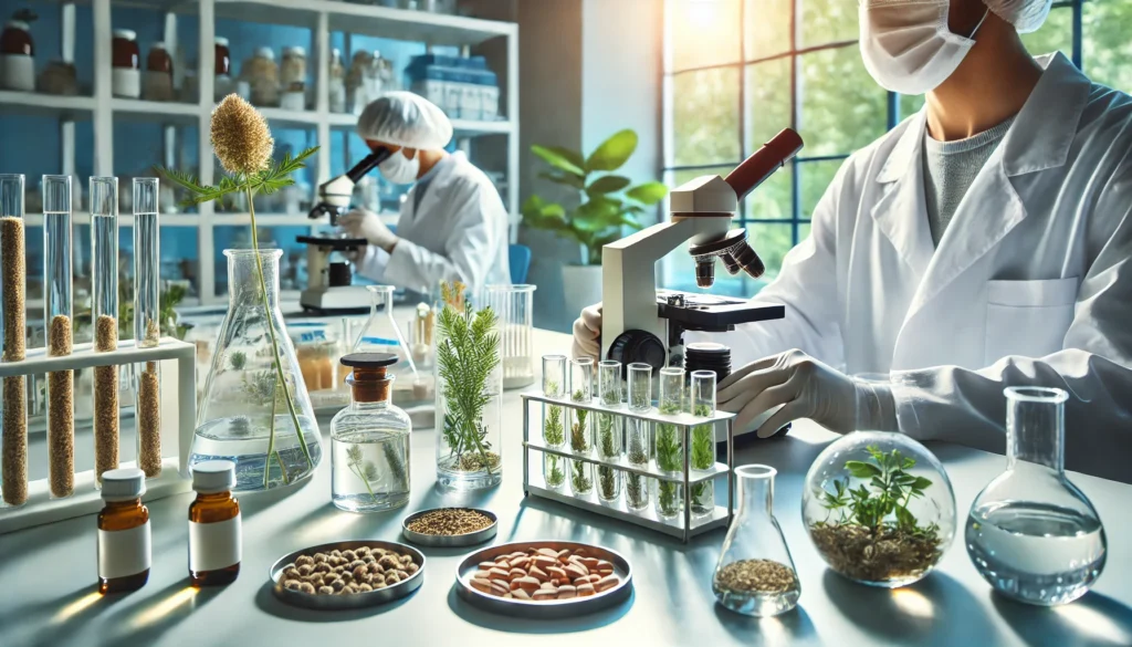 Trusted Supplement Brands: How Bioavailable Nutrients Are Transforming Holistic Health 1 A modern laboratory where scientists in white lab coats conduct rigorous testing of natural supplements, using advanced lab equipment, glass beakers with herbal extracts, and microscopes to ensure high-quality formulations