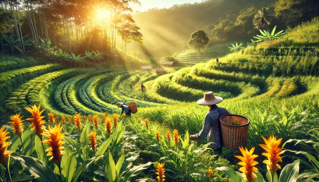 Trusted Supplement Brands: How Bioavailable Nutrients Are Transforming Holistic Health 2 A lush organic farm with green fields of medicinal herbs and golden turmeric plants, where farmers are harvesting fresh botanicals under the sun, emphasizing sustainable and ethical sourcing of supplement ingredients