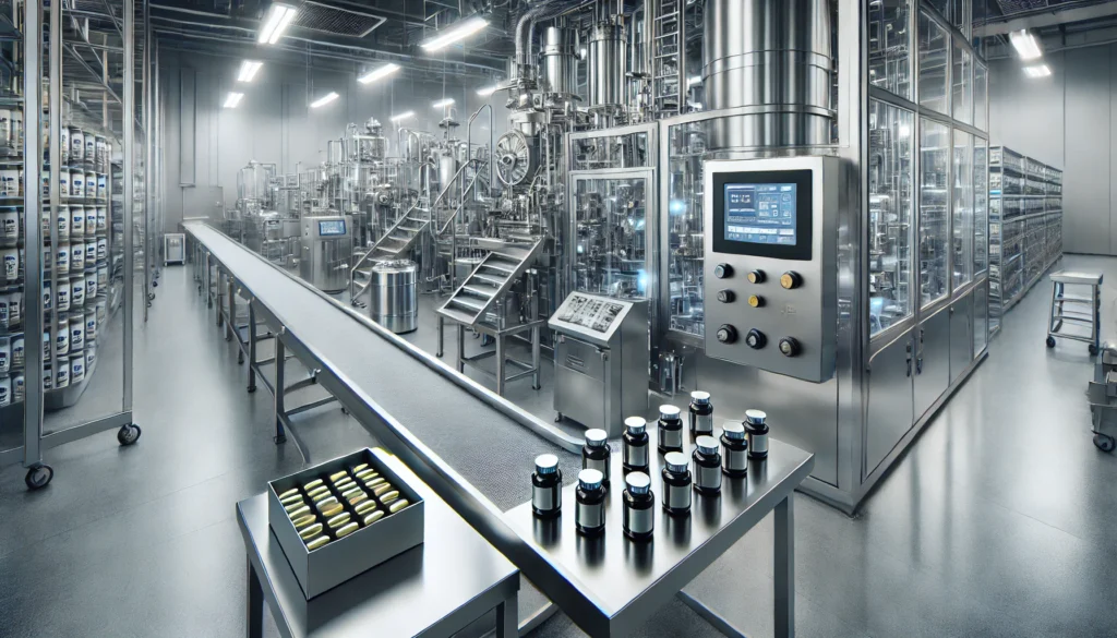Trusted Supplement Brands: How Bioavailable Nutrients Are Transforming Holistic Health 3 A modern supplement manufacturing facility with stainless steel equipment, automated production lines, and supplement capsules being carefully packaged, highlighting precision and strict quality control in trusted supplement brands