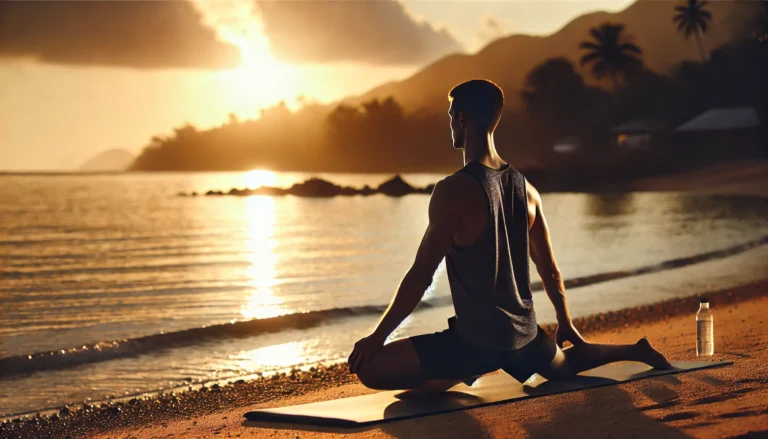 Athlete practicing a yoga pose on a mat overlooking a serene sunset by the beach, emphasizing relaxation and muscle recovery after an intense workout