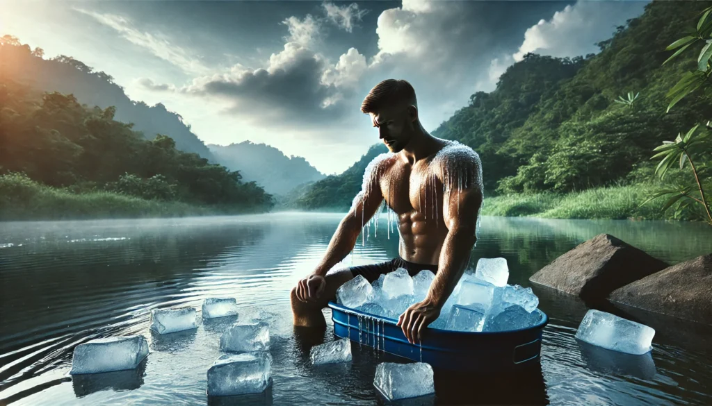 Athlete in an ice bath surrounded by lush natural scenery, showcasing cold therapy for muscle recovery after an intense workout
