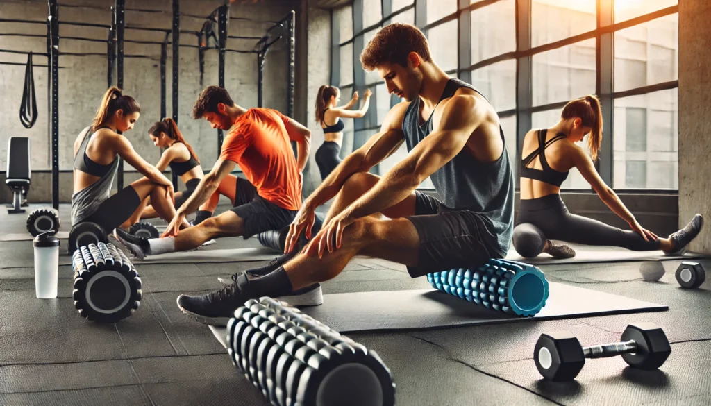 The Best Recovery Techniques for Intense Workouts: Optimize Your Post-Workout Routine for Peak Performance 2 Group of athletes using foam rollers and stretching on yoga mats in a modern, sunlit gym, focusing on muscle recovery and mobility after an intense workou
