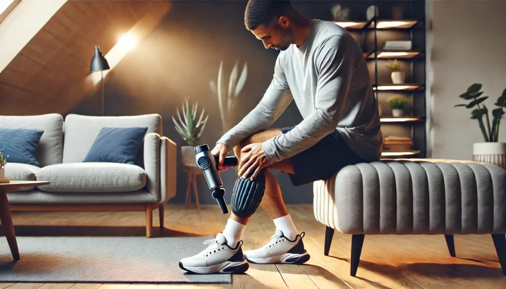 The Best Recovery Techniques for Intense Workouts: Optimize Your Post-Workout Routine for Peak Performance 3 Athlete using a massage gun on leg muscles in a modern, minimalist home setting, emphasizing muscle recovery and relaxation after an intense workout. The environment is cozy with soft lighting and comfortable furniture, creating a calm and soothing atmosphere