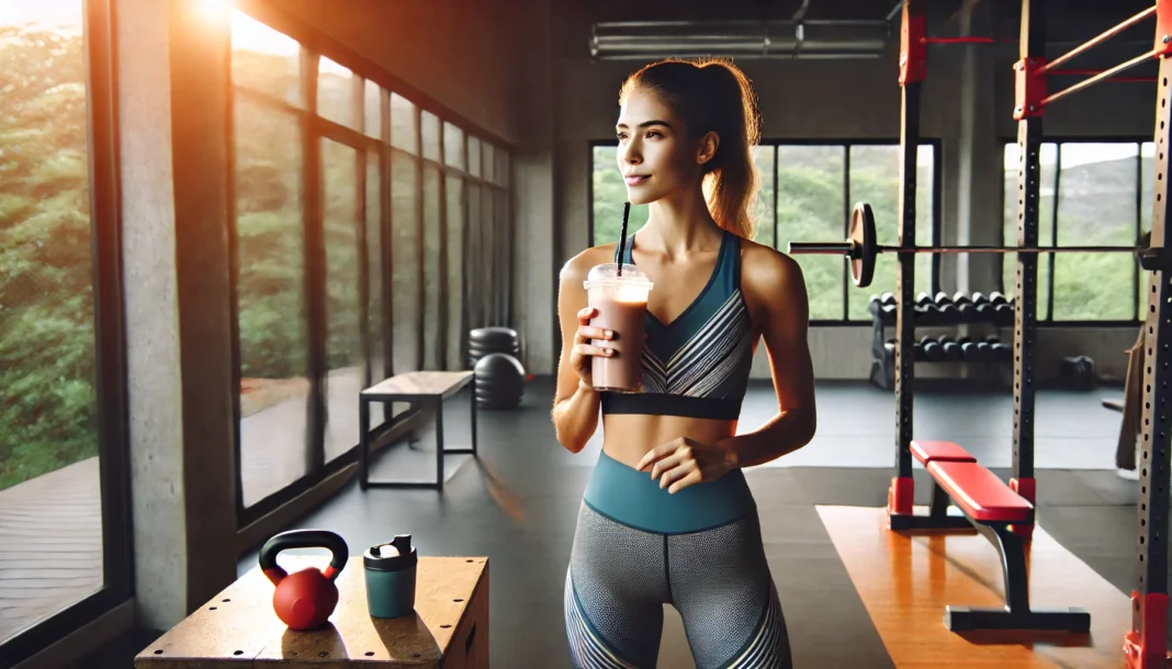 Fit young woman in athletic wear enjoying a protein smoothie after an intense workout in a modern gym, surrounded by dumbbells and kettlebells, symbolizing post-workout recovery and peak performance