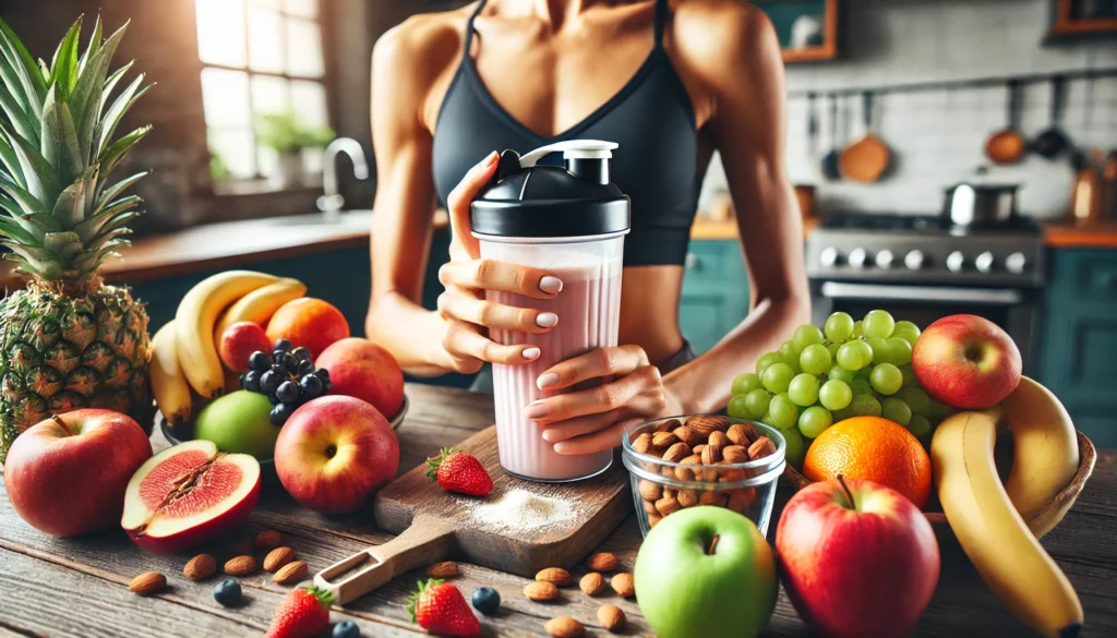 Best Post Workout Supplement for Females: Top Picks for Faster Recovery & Peak Performance 1 Close-up of a female athlete’s hands holding a shaker bottle with protein powder next to fresh fruits and nuts on a kitchen counter, highlighting healthy post-workout nutrition for women