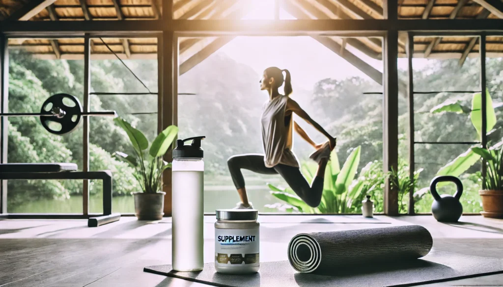 Best Post Workout Supplement for Females: Top Picks for Faster Recovery & Peak Performance 2 Fit woman stretching on a yoga mat with a water bottle and supplement container in a bright home gym, emphasizing hydration, recovery, and balanced post-workout supplementation