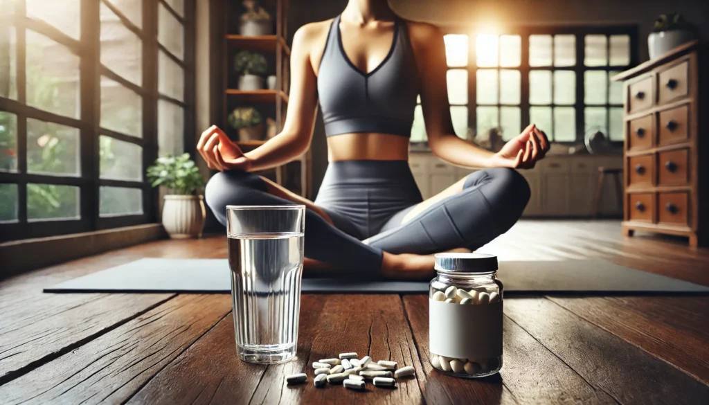 Best Post Workout Supplement for Females: Top Picks for Faster Recovery & Peak Performance 3 Female athlete meditating post-workout with supplement capsules and a glass of water on a wooden floor, representing holistic recovery, wellness, and inner balance for active women.