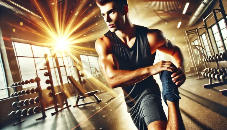 Athlete stretching before workout in a gym with sunlight casting dynamic shadows, symbolizing preparation and enhanced performance