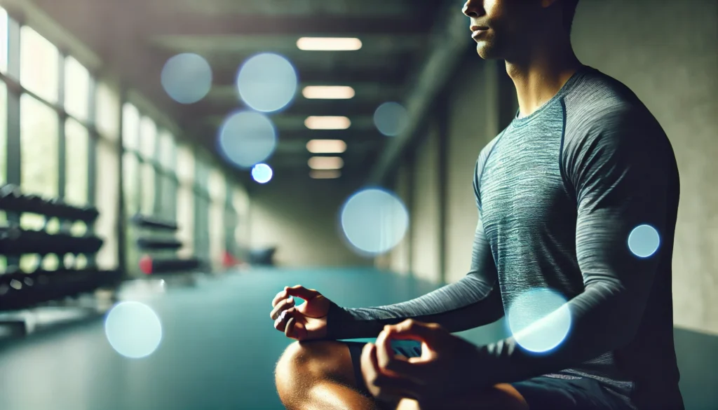 Boost Your Athletic Recovery: How the Best Pre Workout Powder Enhances Performance and Regeneration 2 Focused athlete meditating post-workout in a calm fitness environment, conveying relaxation and muscle recovery