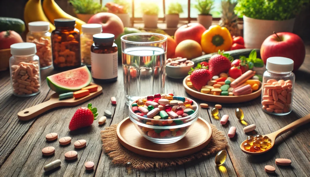 A visually engaging display of dietary supplements, including colorful capsules, tablets, and softgels, placed on a wooden table with natural lighting. A small bowl of mixed vitamins sits beside a glass of water, with fresh fruits and vegetables in the background, symbolizing the balance between natural nutrition and supplementation