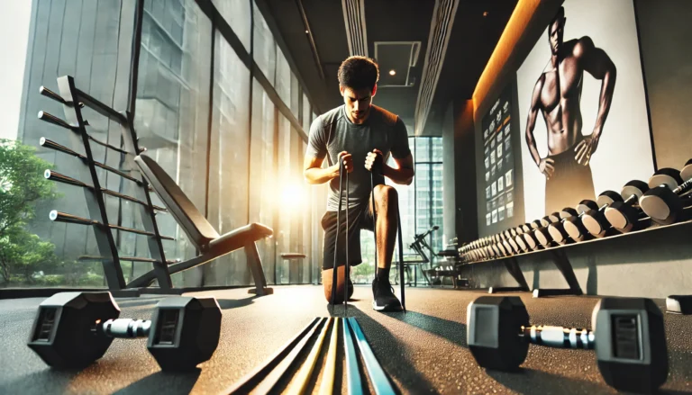 Athlete preparing for a workout with resistance bands and dumbbells in a modern gym, showcasing pre-workout anticipation and focus
