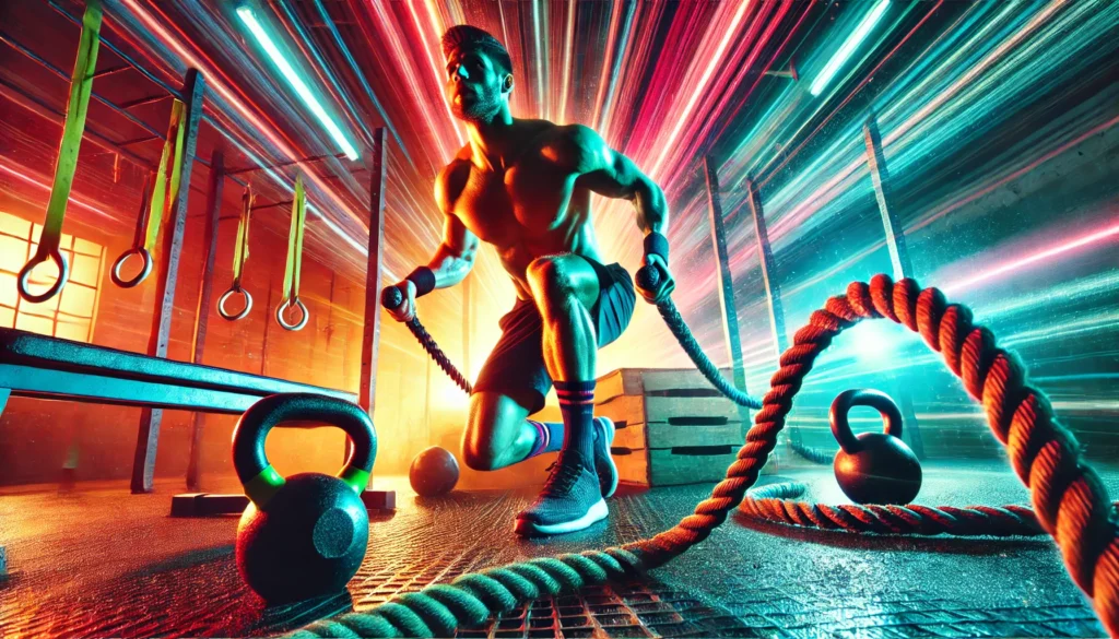 Maximizing Performance: The Best Pre Workout and Post Workout Strategies for Athletic Recovery 1 Intense workout scene with an athlete in motion, surrounded by kettlebells and battle ropes, emphasizing peak physical performance
