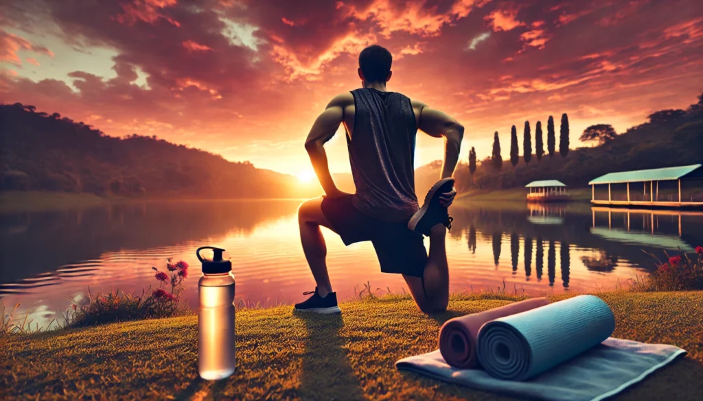 Maximizing Performance: The Best Pre Workout and Post Workout Strategies for Athletic Recovery 3 Athlete stretching by a scenic lakeside at sunset, with a water bottle and towel nearby, symbolizing hydration and relaxation after a workout