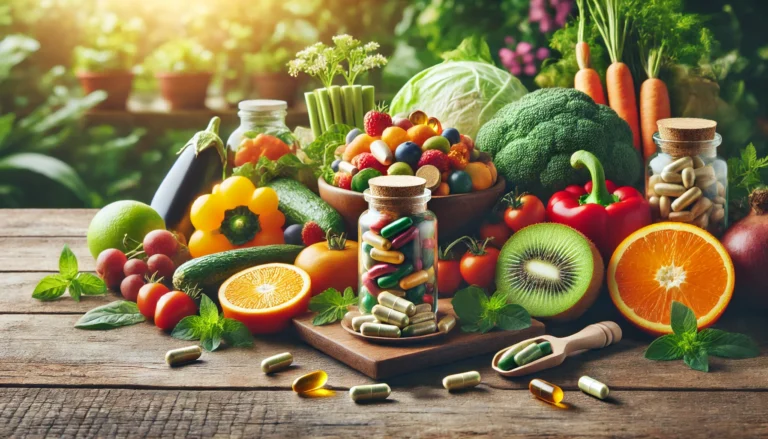 A vibrant still life of organic supplements, including fresh fruits, vegetables, and herbal capsules, arranged on a wooden table under soft natural lighting, symbolizing health and vitality