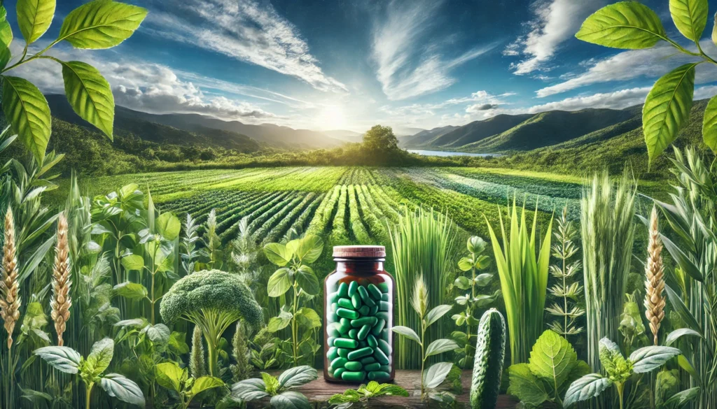 The Power of Organic Supplements: Unlocking the Benefits of Bioavailable Nutrients for Optimal Health 1 A lush green field abundant with organically grown medicinal herbs and nutrient-rich plants under a clear blue sky, symbolizing the natural purity and sustainability of organic supplements