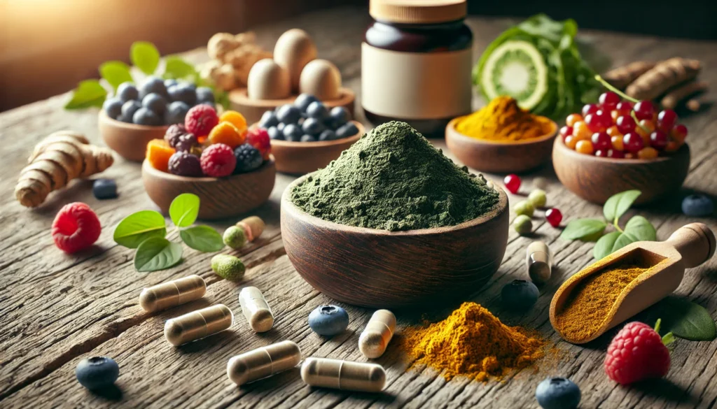 The Power of Organic Supplements: Unlocking the Benefits of Bioavailable Nutrients for Optimal Health 2 A close-up view of nutrient-rich organic supplements in powder and capsule form, featuring whole-food ingredients like turmeric, spirulina, and berries on a rustic wooden surface, emphasizing purity and natural health benefits