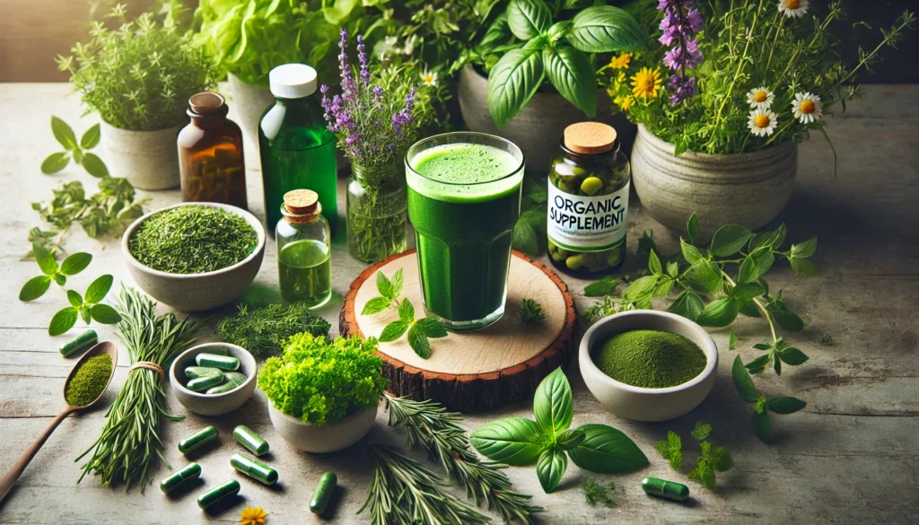 The Power of Organic Supplements: Unlocking the Benefits of Bioavailable Nutrients for Optimal Health 3 A serene wellness scene featuring a glass of green superfood smoothie, fresh herbs, and organic supplement bottles arranged in a tranquil, nature-inspired setting, symbolizing health and vitality