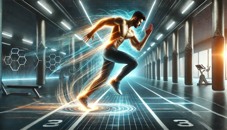 A high-energy fitness scene featuring a muscular athlete sprinting on a futuristic track, surrounded by a glowing aura symbolizing enhanced performance. The dynamic environment showcases speed lines and energy waves, highlighting acceleration and peak athletic ability in a modern gym or stadium setting.