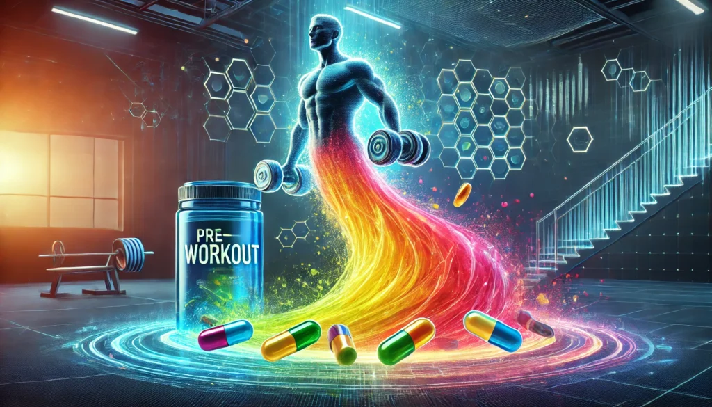 Pre Workout Capsules: Unlock Faster Athletic Recovery & Peak Performance 1 A futuristic visualization of pre-workout capsules dissolving into a radiant energy wave, transforming into a powerful athlete lifting heavy weights. The scene emphasizes strength, endurance, and recovery, with vibrant colors representing energy infusion in a high-tech gym environment.