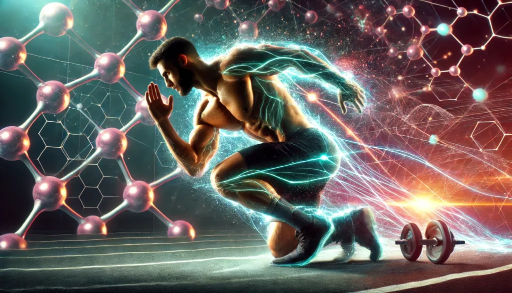 Pre Workout Capsules: Unlock Faster Athletic Recovery & Peak Performance 2 An intense gym setting where a muscular athlete moves with glowing energy trails, symbolizing peak performance and strength. A subtle molecular structure in the background represents muscle recovery and endurance enhancement, creating an electrifying, high-performance atmosphere.