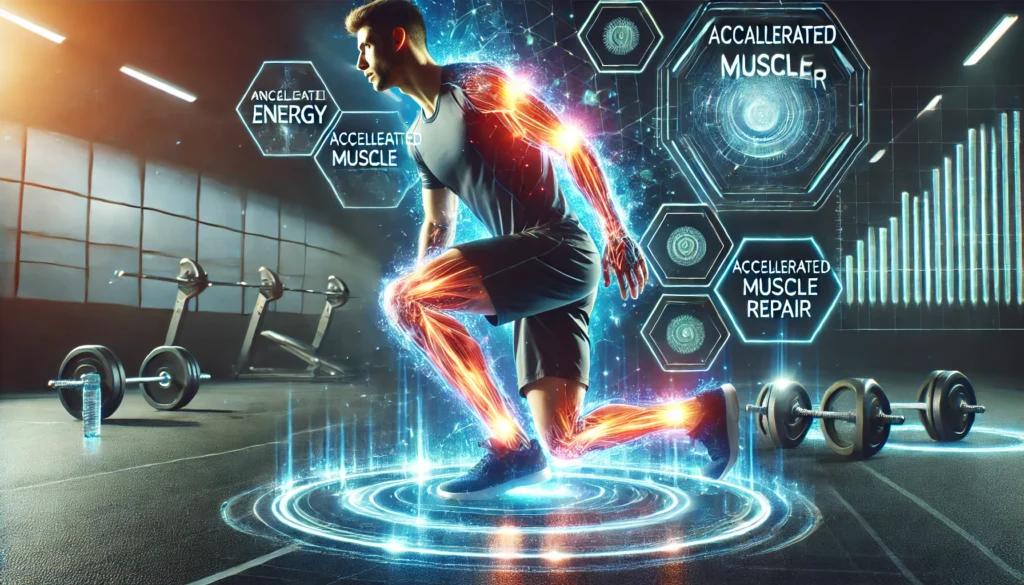 Pre Workout Capsules: Unlock Faster Athletic Recovery & Peak Performance 3 A futuristic athlete recovering post-workout, enveloped by a glowing bio-energy field symbolizing accelerated muscle repair. The scene captures endurance and strength, set in a sleek gym with digital elements illustrating enhanced recovery and rejuvenation.