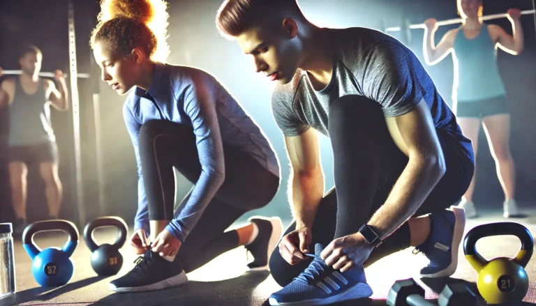 A young man and woman preparing for their workout in a gym. The man is tying his shoes, and the woman is stretching, surrounded by dumbbells and kettlebells. The bright and energetic lighting highlights their motivation