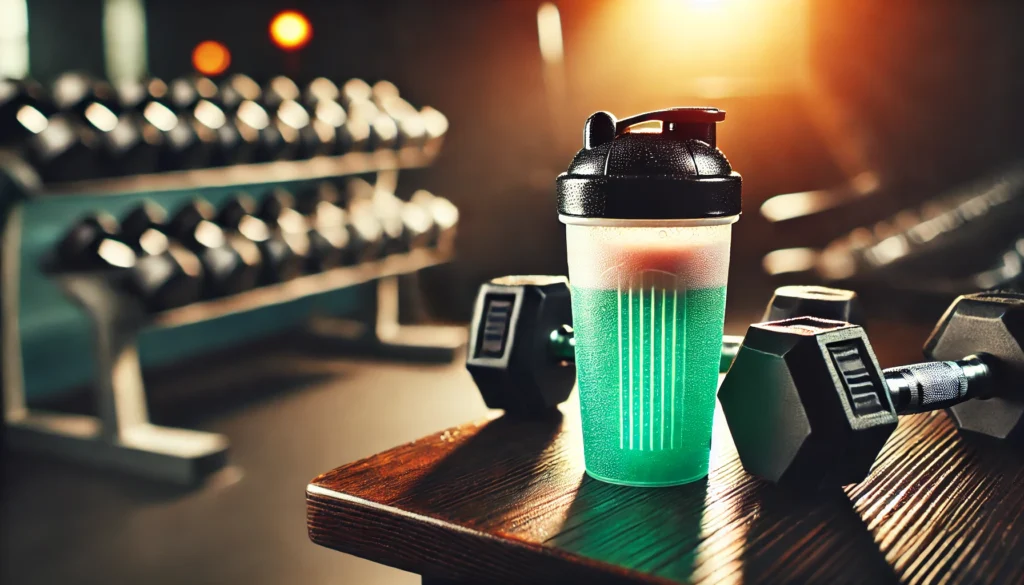 Best Pre Workout for Beginners: Unlock Peak Performance & Speed Up Recovery 1 A close-up of a shaker bottle filled with a vibrant pre-workout drink, placed on a gym bench next to a pair of dumbbells. The bottle has subtle condensation, and the scene captures a refreshing and energizing atmosphere.