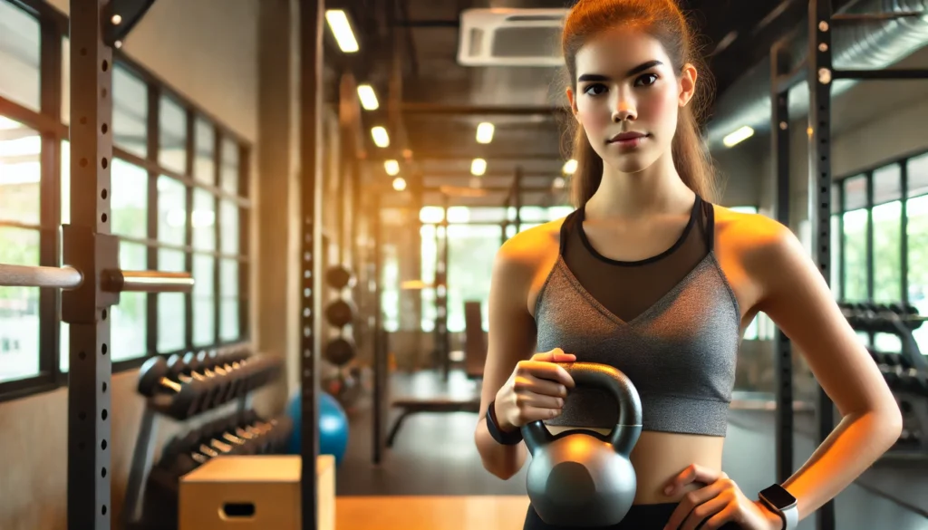 Best Pre Workout for Beginners: Unlock Peak Performance & Speed Up Recovery 2 A young woman lifting a kettlebell in a modern gym, displaying focus and determination. The background features gym equipment and weight racks, slightly blurred to emphasize her strength training workout.