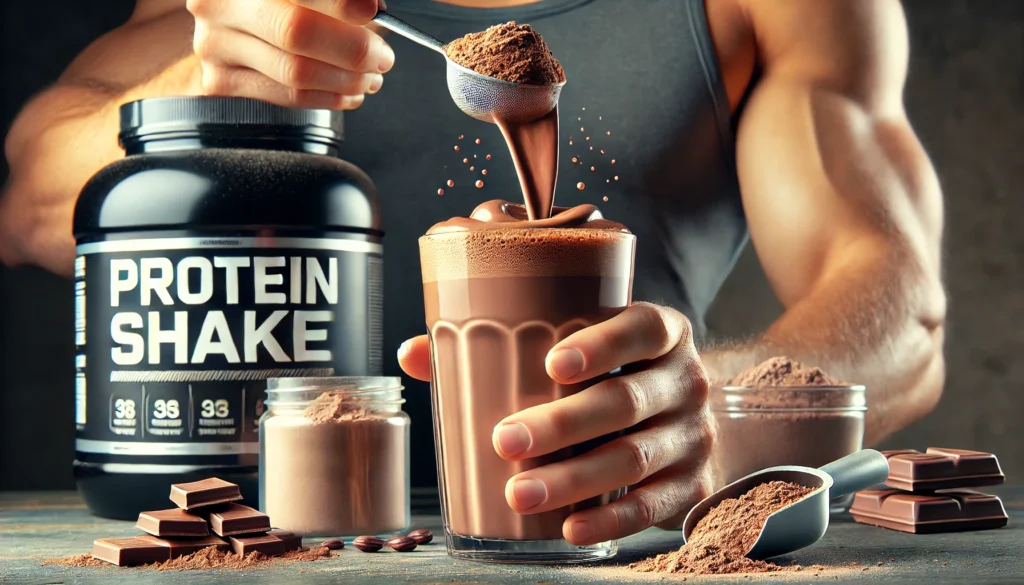 Is Protein Good Before a Workout? Unlocking the Benefits of Pre-Workout Protein Drinks for Athletic Recovery 1 A close-up of a rich chocolate-flavored protein shake being poured into a glass, with protein powder and a scoop beside it, highlighting the nutritional value of pre-workout protein intake.