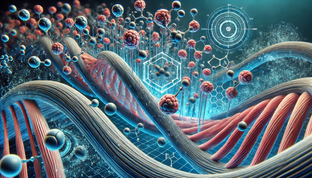 Is Protein Good Before a Workout? Unlocking the Benefits of Pre-Workout Protein Drinks for Athletic Recovery 2 A futuristic illustration of muscle fibers absorbing protein molecules, symbolizing protein’s role in muscle recovery, strength building, and athletic performance.