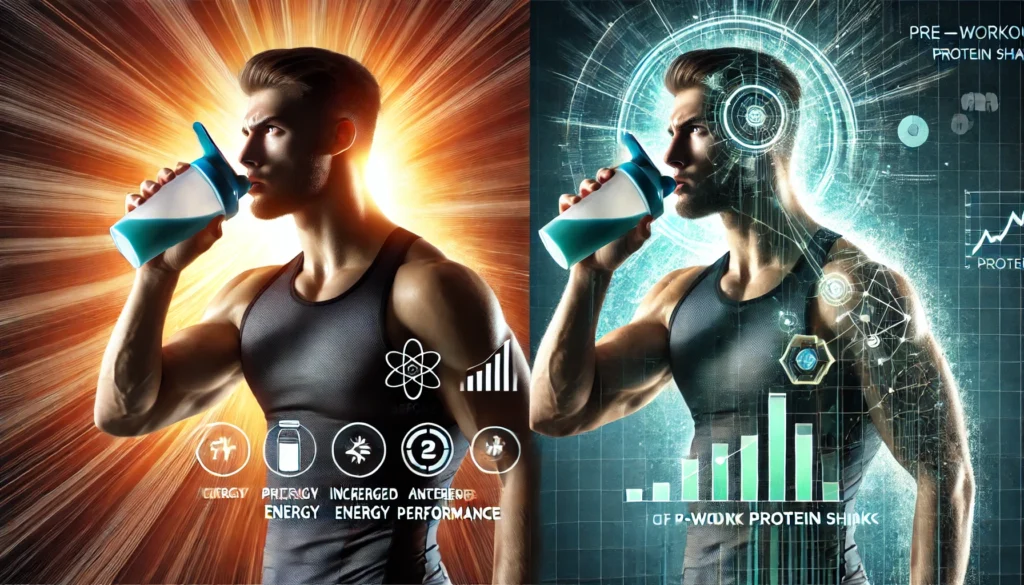 Is Protein Good Before a Workout? Unlocking the Benefits of Pre-Workout Protein Drinks for Athletic Recovery 3 A side-by-side comparison of an athlete before and after consuming a protein shake, visually demonstrating increased energy levels and improved workout performance.