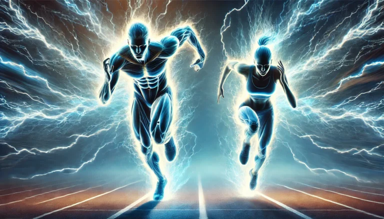 A male and female athlete sprinting on a track with an electrifying aura surrounding them, symbolizing peak endurance, speed, and athletic vitality.