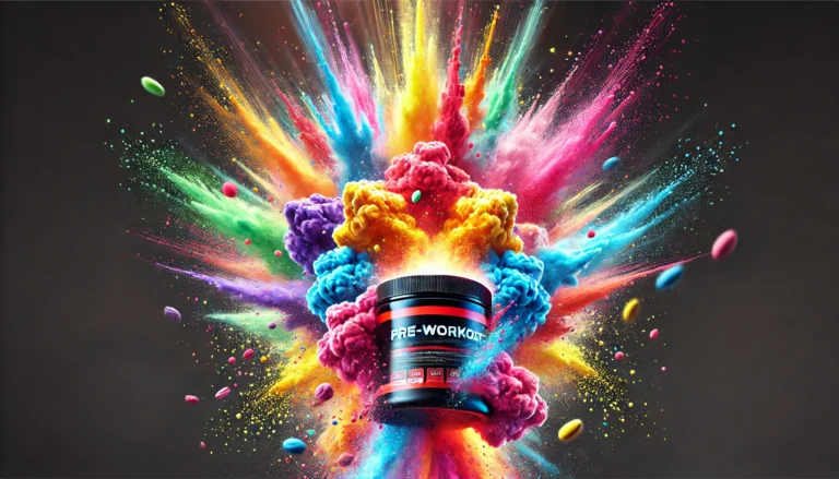 A muscular athlete lifting heavy weights in a futuristic high-tech gym, surrounded by glowing energy effects symbolizing peak performance.