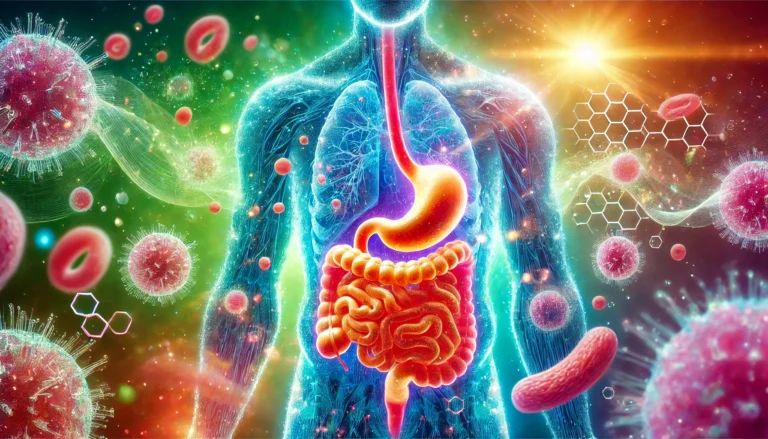 A vibrant scientific visualization of bioavailable nutrients being absorbed in the human body, showing a glowing digestive system with microscopic nutrient particles integrating into cells, symbolizing optimal nutrient absorption