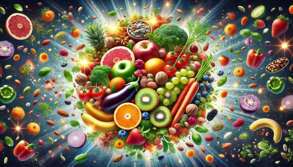 A vibrant composition of organic fruits, vegetables, nuts, and seeds radiating bioavailable vitamins and minerals, with a glowing effect emphasizing their potency and optimal absorption