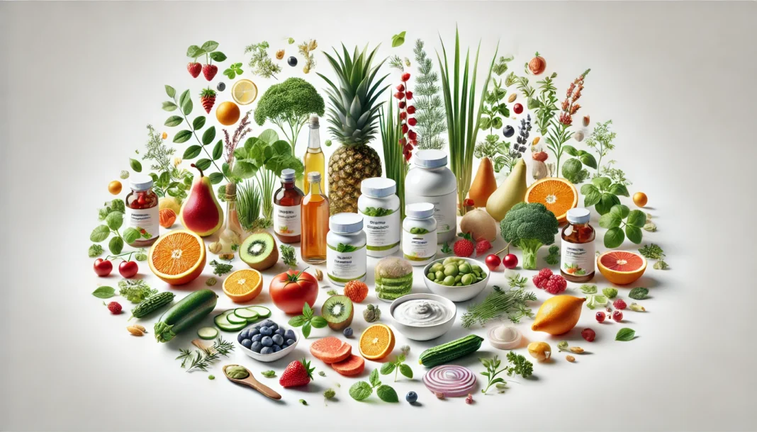 A bright and clean visualization of high-quality supplement ingredients, featuring fresh fruits, vegetables, herbs, and natural extracts arranged aesthetically on a pristine white background, symbolizing purity and organic sourcing
