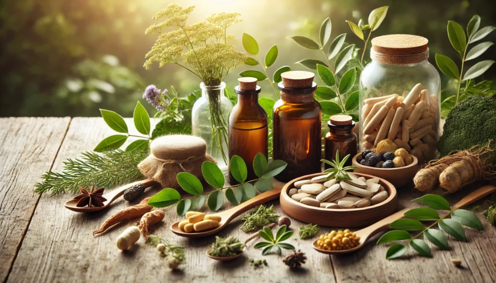 A nature-inspired scene featuring clean and organic supplement ingredients, including herbs, roots, and plant extracts, beautifully arranged on a wooden surface with soft natural lighting, emphasizing sustainability, purity, and eco-friendly supplement sourcing