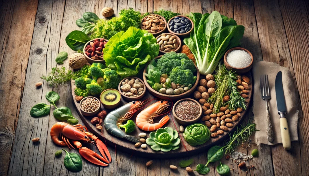 A vibrant display of mineral-rich foods, including leafy greens, nuts, seeds, and seafood, arranged on a rustic wooden table with soft natural lighting, symbolizing a balanced and nutritious diet for mineral supplementation