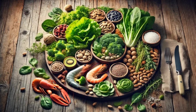 A vibrant display of mineral-rich foods, including leafy greens, nuts, seeds, and seafood, arranged on a rustic wooden table with soft natural lighting, symbolizing a balanced and nutritious diet for mineral supplementation