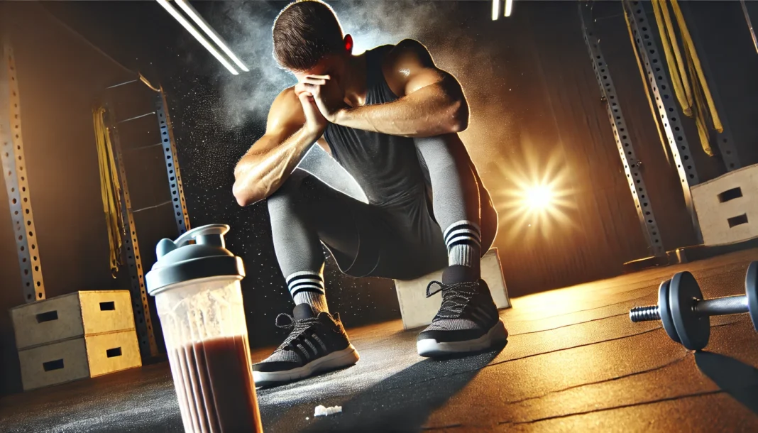 Person sweating and catching their breath after an intense cardio workout with a protein shake bottle on the gym floor, highlighting post-workout recovery