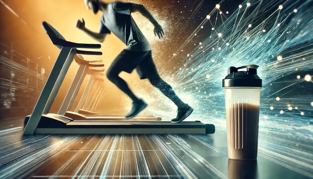Should You Drink Protein After Cardio? The Science Behind Post-Workout Recovery 2 Action shot of a person finishing a cardio workout on a treadmill, with a protein shaker bottle on a nearby shelf, emphasizing post-workout anticipation