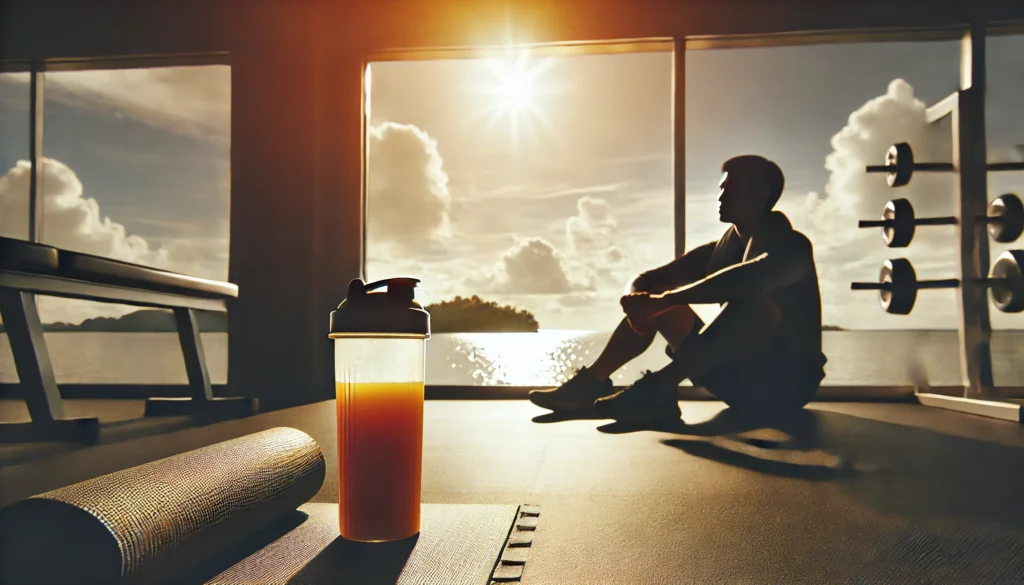 Should You Drink Protein After Cardio? The Science Behind Post-Workout Recovery 3 Person resting on a gym mat with a protein shake bottle beside them, sunlight streaming through a window, representing recovery and replenishment after cardio