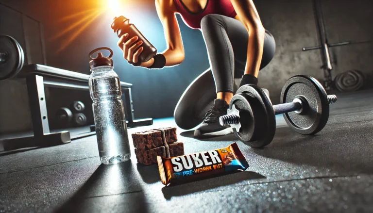 Fitness enthusiast reaching for a protein bar next to dumbbells and a water bottle in a brightly lit gym, symbolizing pre-workout preparation.